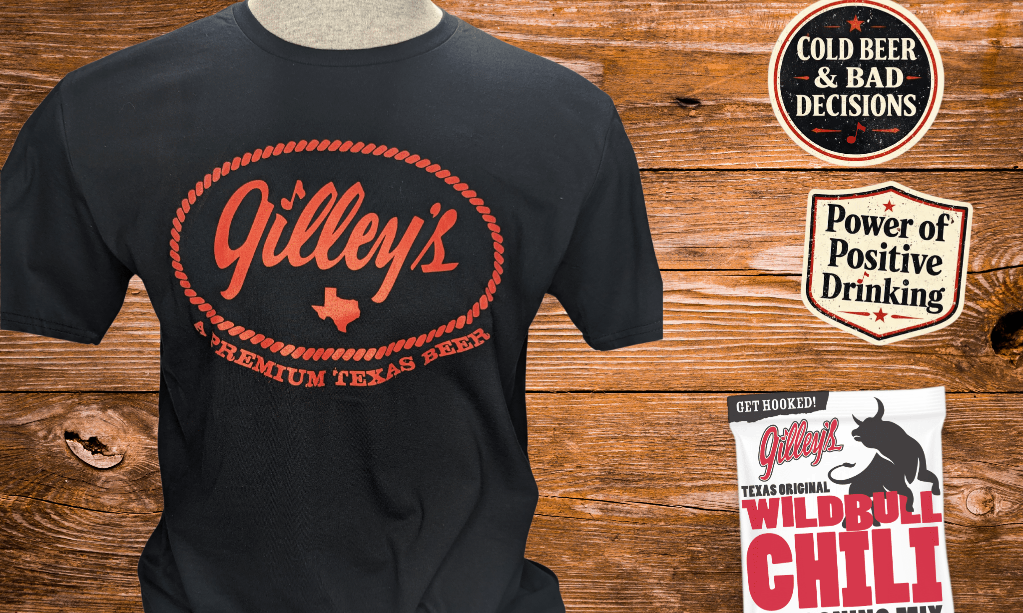 Gilley's Honky Tonk Heritage Black Beer Shirt Bundle - Shirt, Stickers, & Chili - Gilley's Food & Beverage