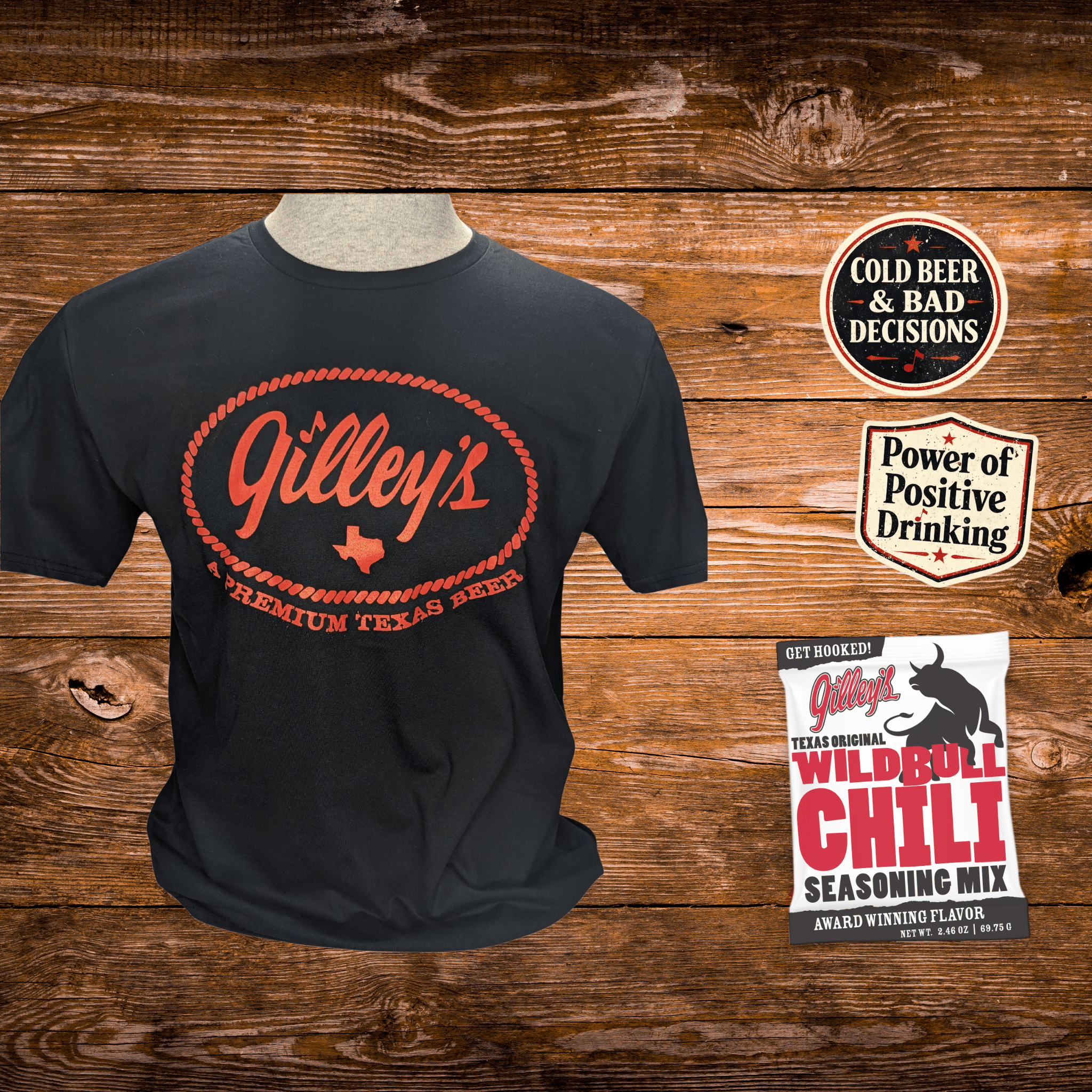 Gilley's Honky Tonk Heritage Black Beer Shirt Bundle - Shirt, Stickers, & Chili - Gilley's Food & Beverage